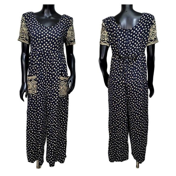 Vintage 90s All That Jazz Womens S Blue Tan Abstract Polka Dot Wide Leg Jumpsuit - Picture 1 of 14